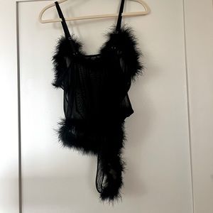 Sheer, mesh, feathered thong body suit lingerie